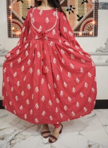 Red linen frock for women with floral print